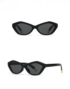 Front and side view of modern black cat eye sunglasses with glossy geometric frames