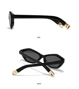 Detail view showing side and back angles of black cat-eye sunglasses with gold metal tips