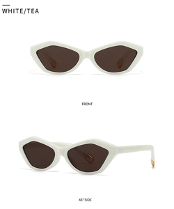 Detailed front and side views of white geometric cat-eye sunglasses with tea lenses