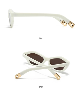 Detailed side and back view of white cat eye sunglasses with golden metal temple accents