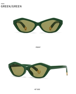 Detailed views of angular cat-eye sunglasses with green frames and gold metal temple accents