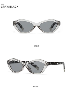 Front and 45-degree views of cat eye sunglasses with gray frames and marbled temples
