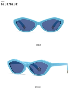 Front and side view of geometric cat eye sunglasses with blue frames and dark lenses
