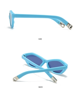 Detail view of sky blue geometric sunglasses with silver metal hollow-out temple decorations