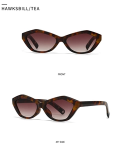 Detailed front and 45-degree side view of geometric hawksbill tea cat eye sunglasses