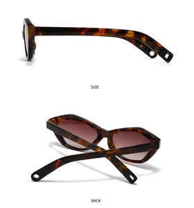 Detail view of tortoiseshell cat-eye sunglasses featuring side and back frame cut-outs
