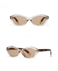Detail of geometric cat-eye sunglasses with tortoiseshell temples and gold metallic trim