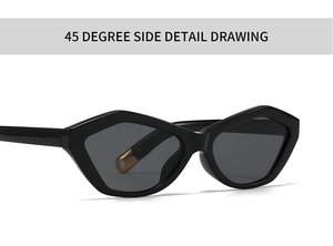 Detailed 45-degree side view of geometric cat eye sunglasses with metal temple accents
