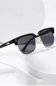 Gros plan détaillé des lunettes de soleil carrées demi-cerclées avec détails en métal