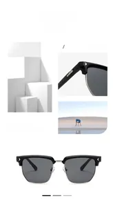 Détail de lunettes de soleil carrées demi-cerclées avec monture noire et flèche argentée