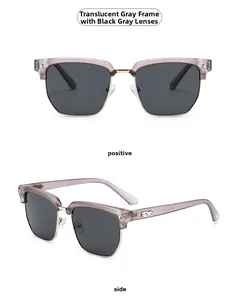 Vues de face et de côté de lunettes de soleil carrées demi-cerclées en gris transparent et métal