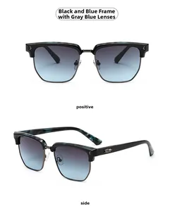 Détail de lunettes de soleil demi-cerclées carrées avec monture marbrée et flèche