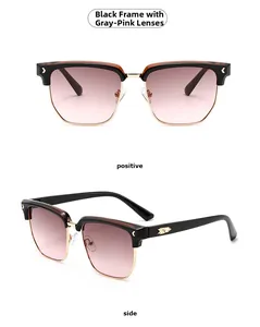 Vue détaillée des lunettes de soleil demi-cerclées rétro avec monture rose et noire