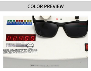 Gros plan des lunettes polarisées sur un testeur UV400 montrant la protection UV
