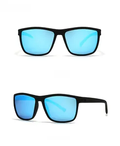 Vues de face et de profil de lunettes de soleil de sport polarisées noires à verres bleus