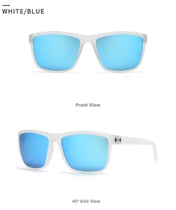 Vues de face et de profil à 45° de lunettes de soleil de sport blanches aux verres bleus