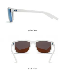 Vues détaillées de profil et de l'arrière de lunettes de soleil de sport blanches aux verres bleus