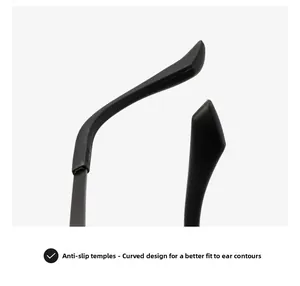 Detail of ergonomic curved non-slip temples on modern black rectangular sunglasses