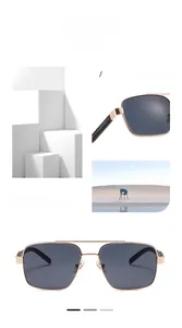 Détails de lunettes de soleil carrées en métal doré avec double pont et verres foncés