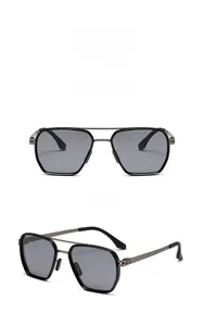 Narrow metal pilot sunglasses with gunmetal frame and grey lenses in dual angle view