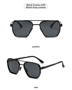 Detailed front and side views of narrow black metal sunglasses with dark gray lenses