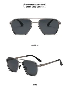 Front and side views of trendy gunmetal pilot sunglasses with dark grey lenses