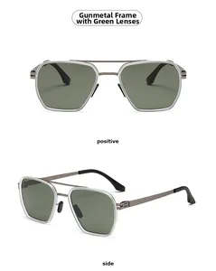 Front and side views of gunmetal metal aviator sunglasses with green lenses
