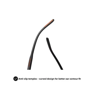 Détail de branches d'oreilles antidérapantes noires avec lignes orange sur des lunettes