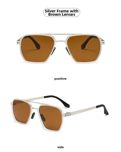 Close-up of retro aviator sunglasses with silver metal frame and tea-tinted lenses