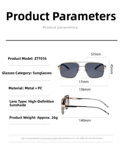 Spécifications détaillées et mesures de lunettes de soleil aviateur avec monture dorée