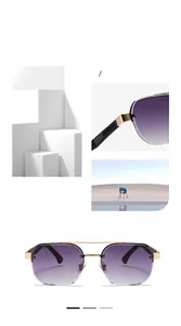 Detail of trendy narrow sunglasses with purple gradient lenses and gold metal hinges