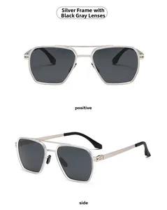 Narrow silver metal frame aviator sunglasses with dark grey lenses in dual view