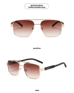 Détail de lunettes aviateur avec monture en métal doré, double pont et verre dégradé