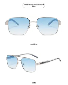 Gros plan de lunettes aviateur argentées avec verres dégradés bleus et branches rayées