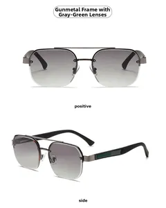Front and side view of retro gunmetal double-bridge sunglasses with gradient green lenses