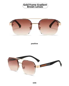 Detailed front and side views of gold metal sunglasses with brown gradient lenses