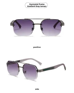 Front and side view of narrow gunmetal polygon frame sunglasses with gradient grey lenses