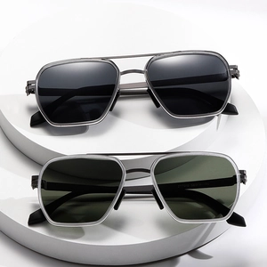 Modern rectangular sunglasses with metallic frames in black and dark green lenses