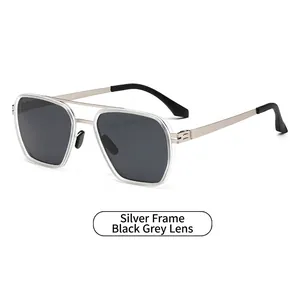 Classic silver metal pilot sunglasses with dark grey lenses in a 45-degree side view
