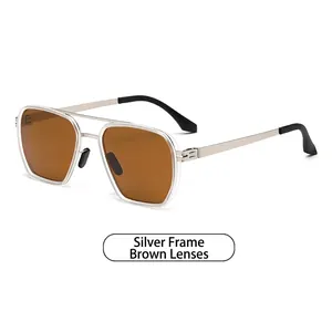Retro slim silver frame pilot sunglasses with brown tea lenses for a modern street look