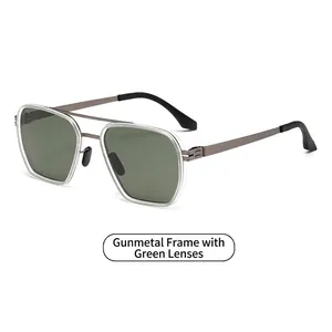 Retro gunmetal rectangular sunglasses with green lenses and double bridge design