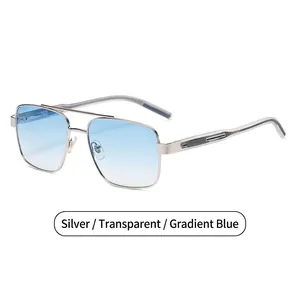 Lunettes de soleil rétro à double pont avec monture argentée et verres bleus dégradés carrés