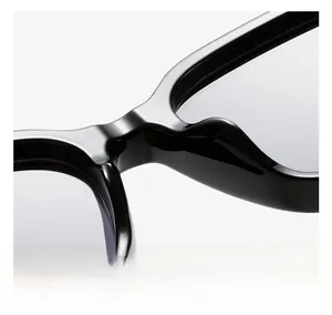 Macro detail of glossy black square frame sunglasses featuring comfortable integrated nose pads