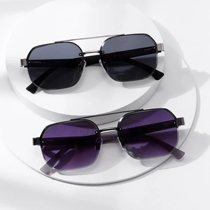 Modern narrow frame polygon sunglasses with black and purple gradient lenses on a pedestal