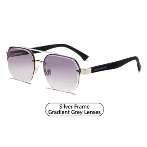 Modern narrow rectangle sunglasses with silver metal frame and gradient grey lenses