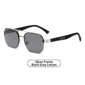 Modern narrow frame sunglasses with silver metal double bridge and dark gray lenses