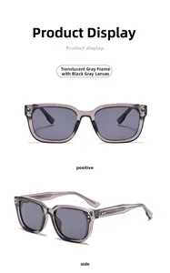 Detailed front and side views of square sunglasses with transparent grey frames and dark lenses