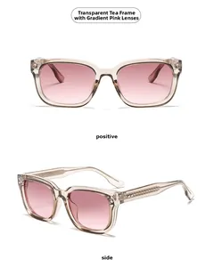 Detail of square tea-colored sunglasses with gradient pink lenses from front and side