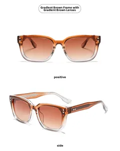 Detail view of square gradient tea sunglasses with stylish metal rivets and vintage frame