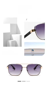 Detail view of purple gradient lenses and slim golden metal frame on modern sunglasses